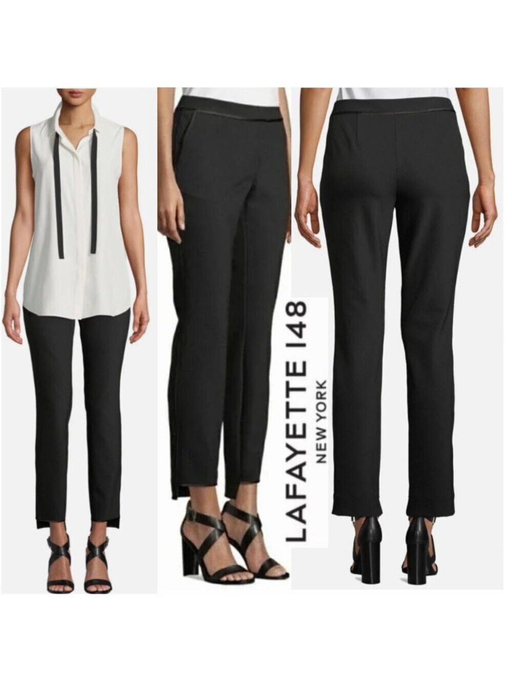 Lafayette 148 NY Manhattan Step Hem Black Pants Satin Trim Stretch Size 2 Chic